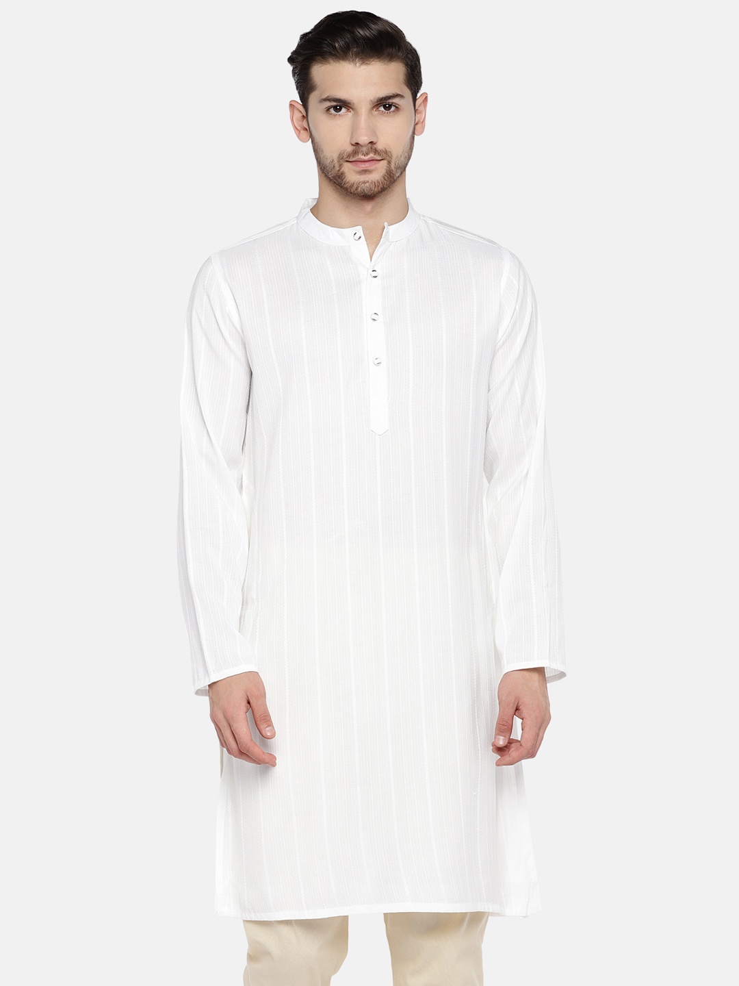 

Ethnicity Men White Striped Straight Kurta