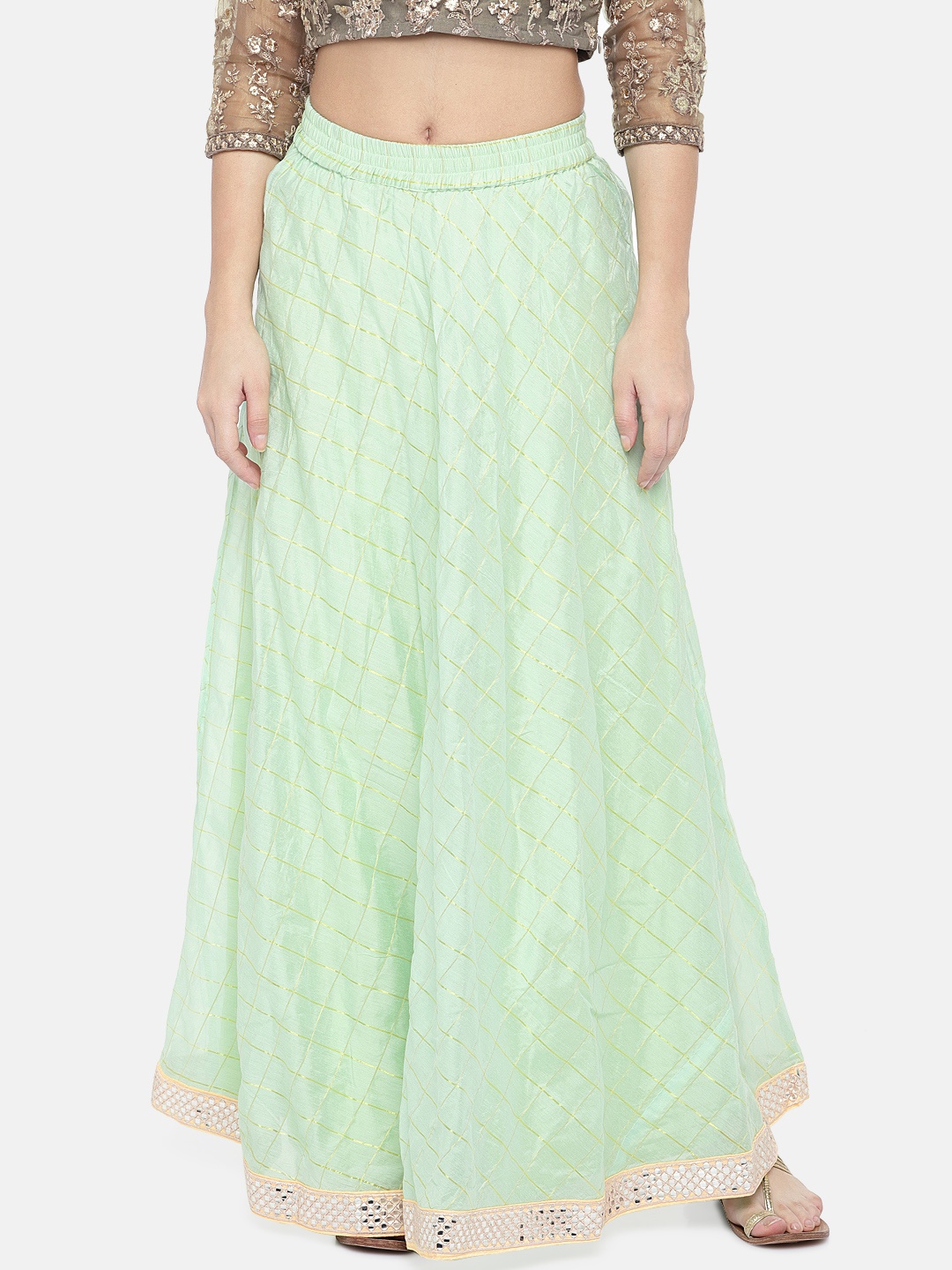 

Ethnicity Women Mint Green & Gold-Coloured Checked A-Line Maxi Skirt