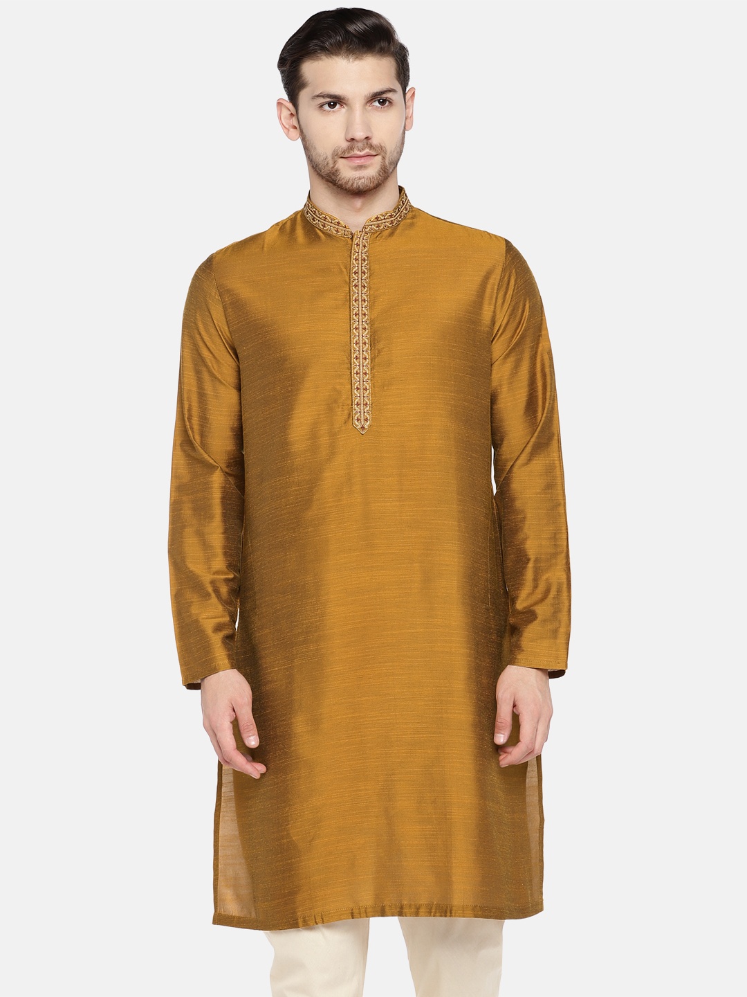 

Ethnicity Men Mustard Yellow Solid Straight Kurta
