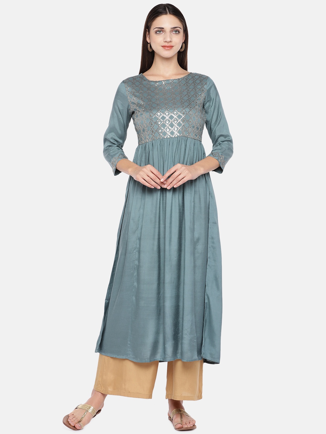 

Ethnicity Women Blue Printed A-Line Dress