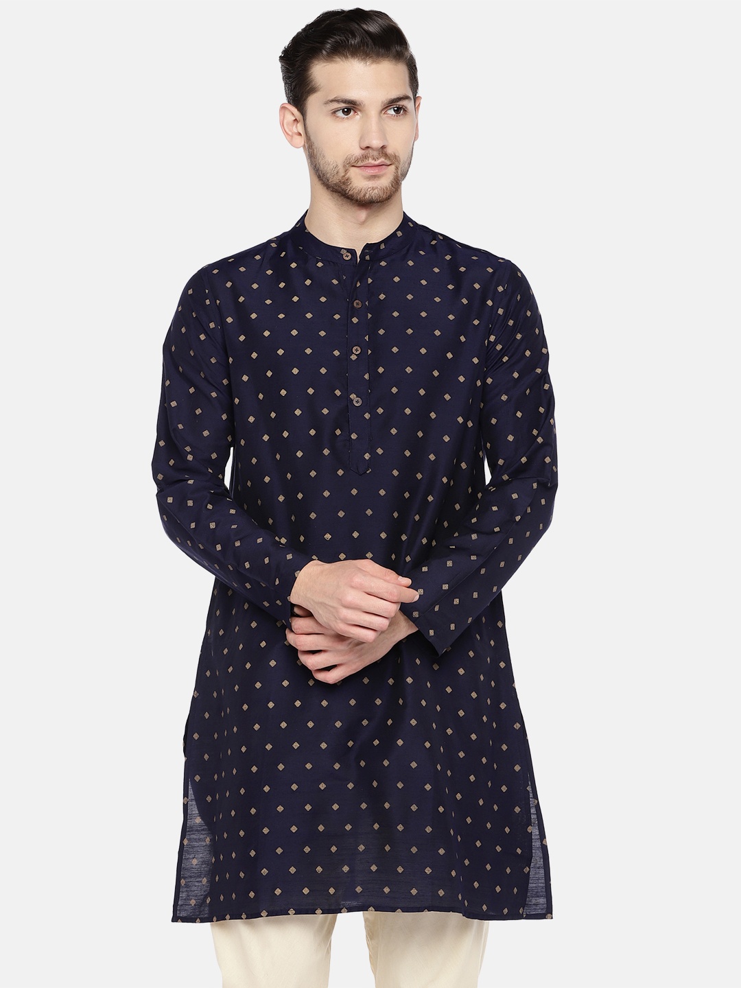

Ethnicity Men Navy Blue & Gold-Toned Printed Straight Kurta