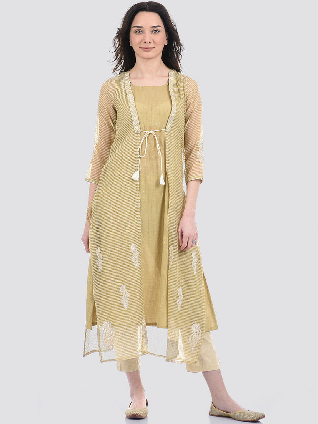 

Ethnicity Women Beige & White Solid A-Line Kurta