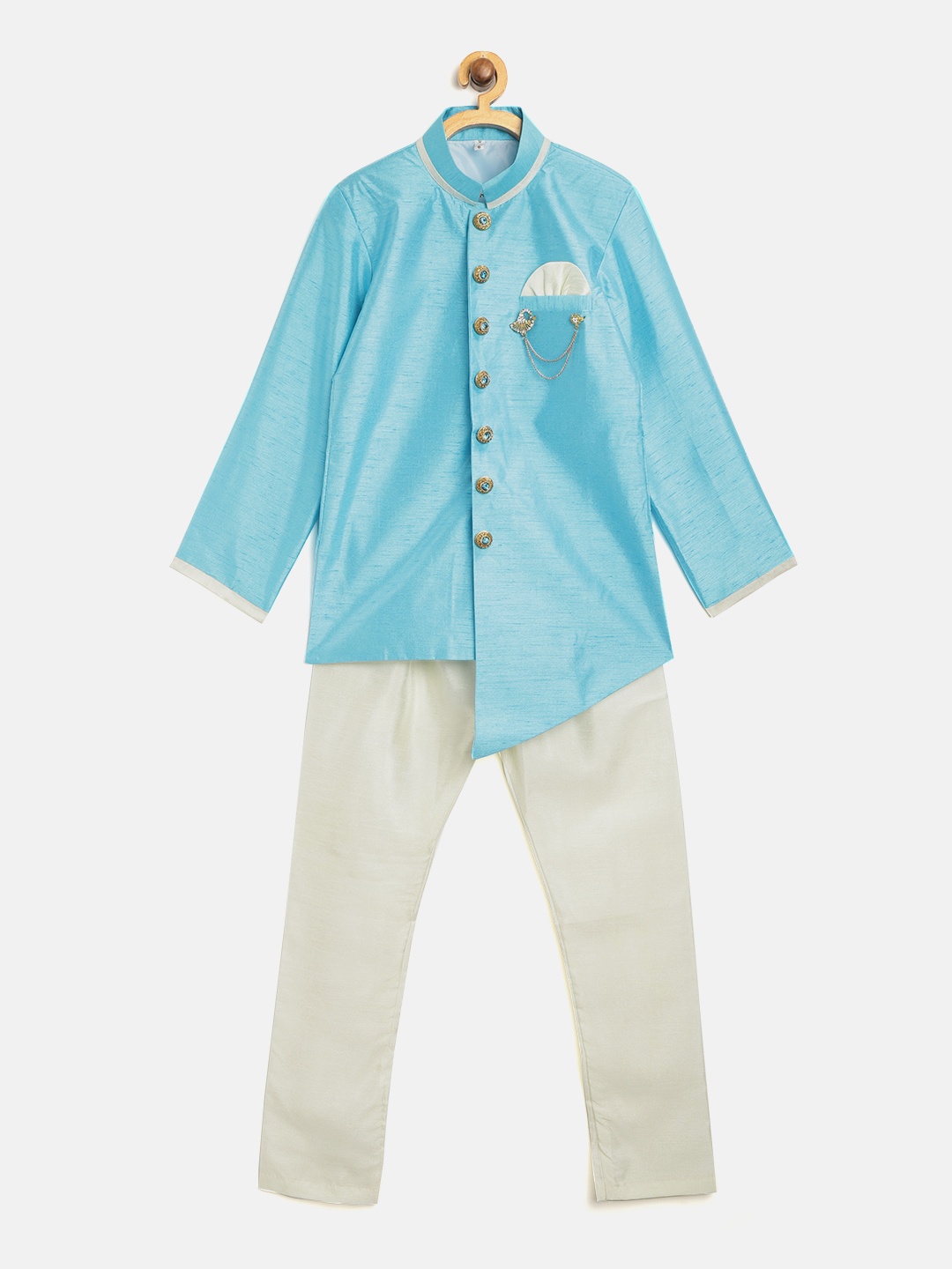

ahhaaaa Boys Blue & Cream-Coloured Solid Shewani Set