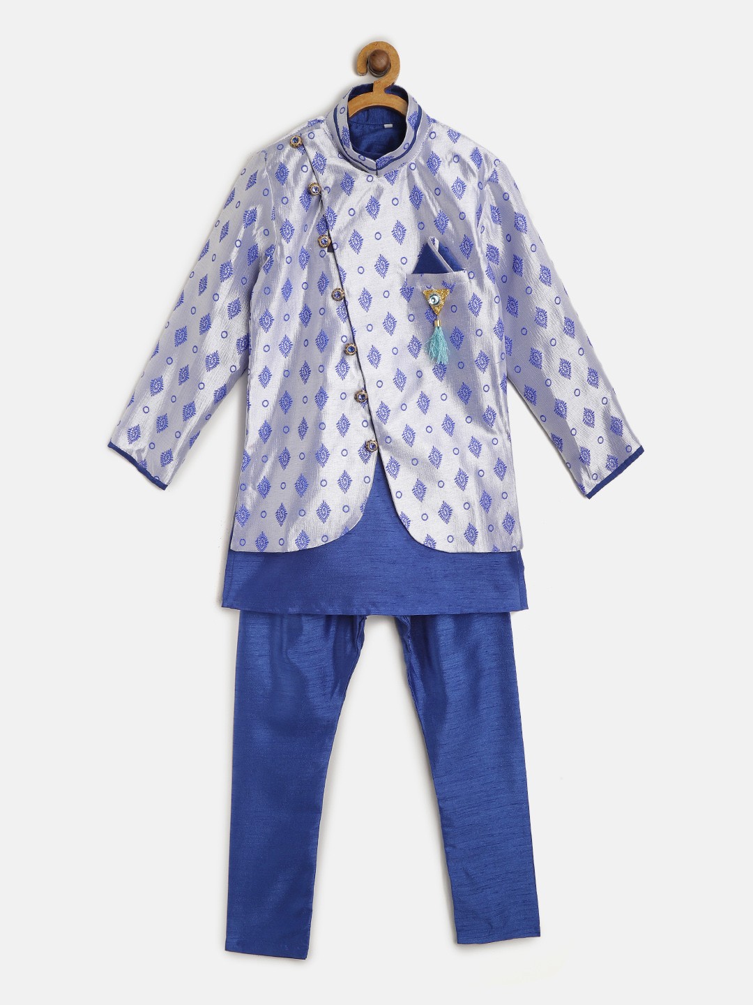 

ahhaaaa Boys Silver & Blue Silk Embroidered Sherwani Set