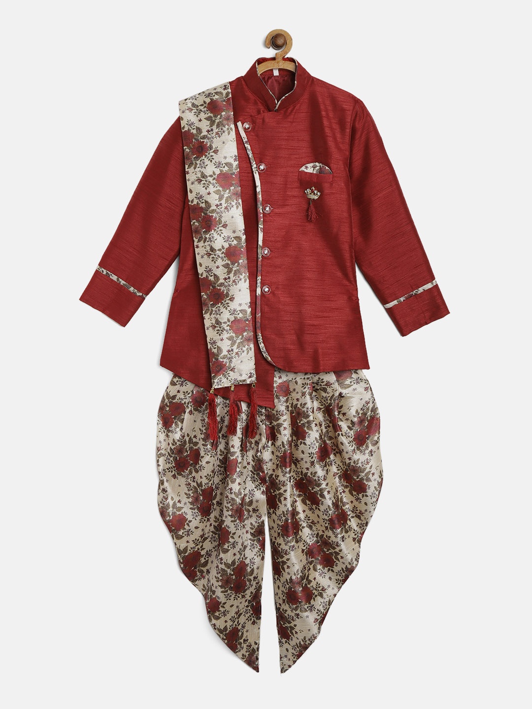 

ahhaaaa Boys Maroon Silk Solid Sherwani Set