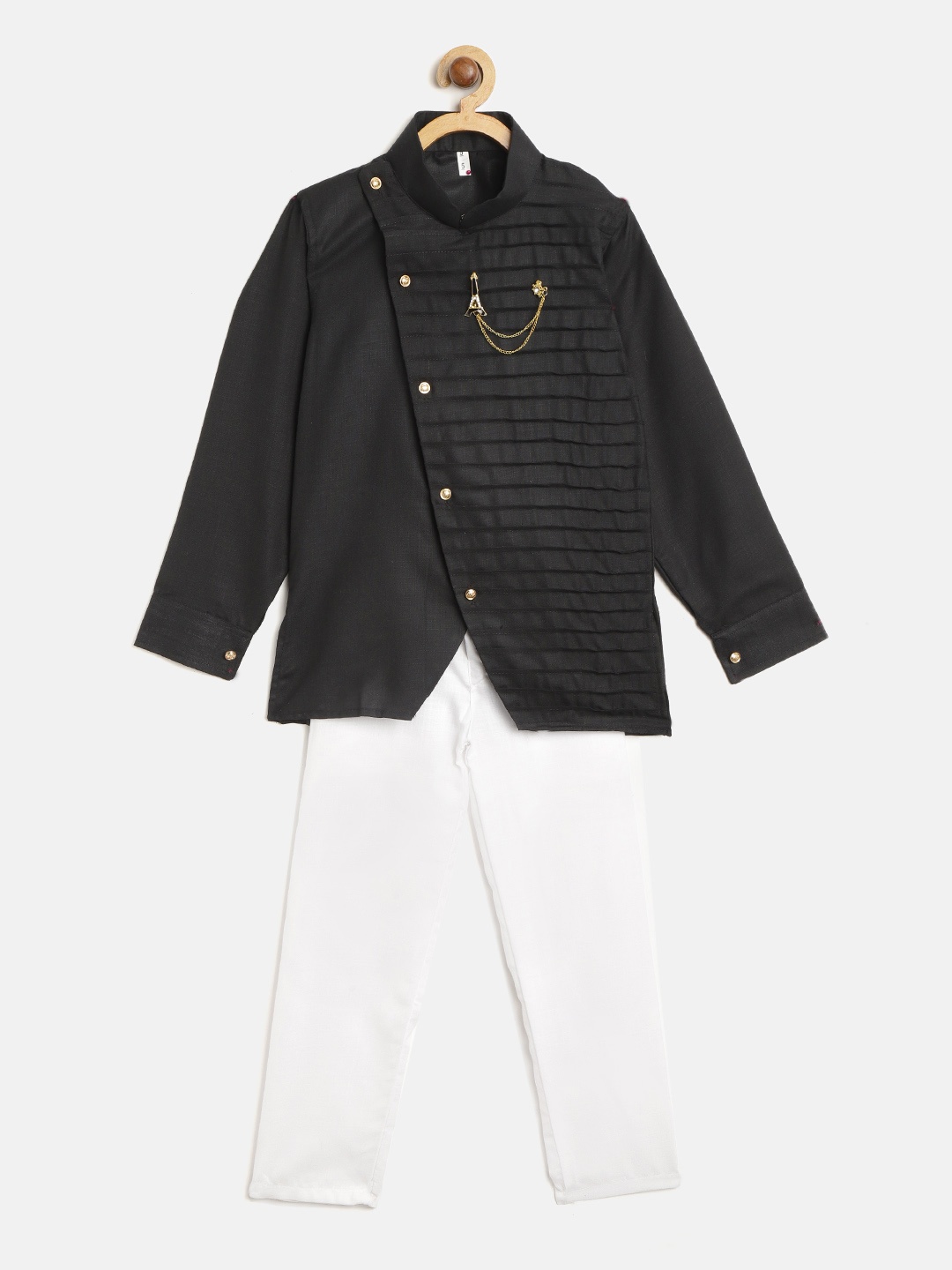 

ahhaaaa Boys Black & White Solid Angrakha Kurta with Trousers