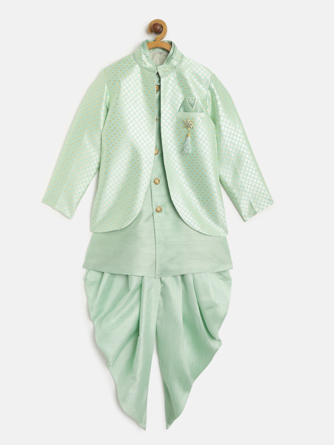 

ahhaaaa Boys Mint Green & Golden Solid Kurta Set With Jacket