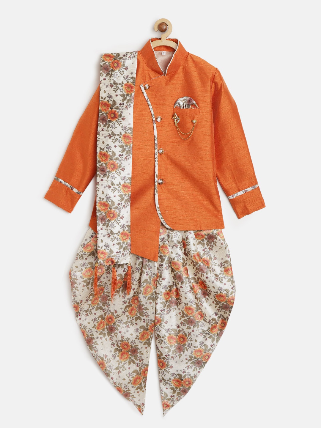 

ahhaaaa Boys Orange & Off-White Solid Sherwani Set with Stole