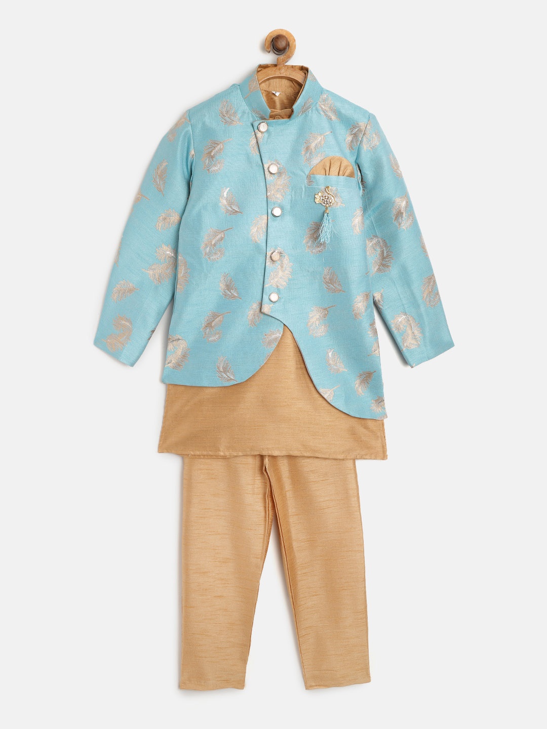 

ahhaaaa Boys Beige & Blue Solid Kurta Set with Jacket
