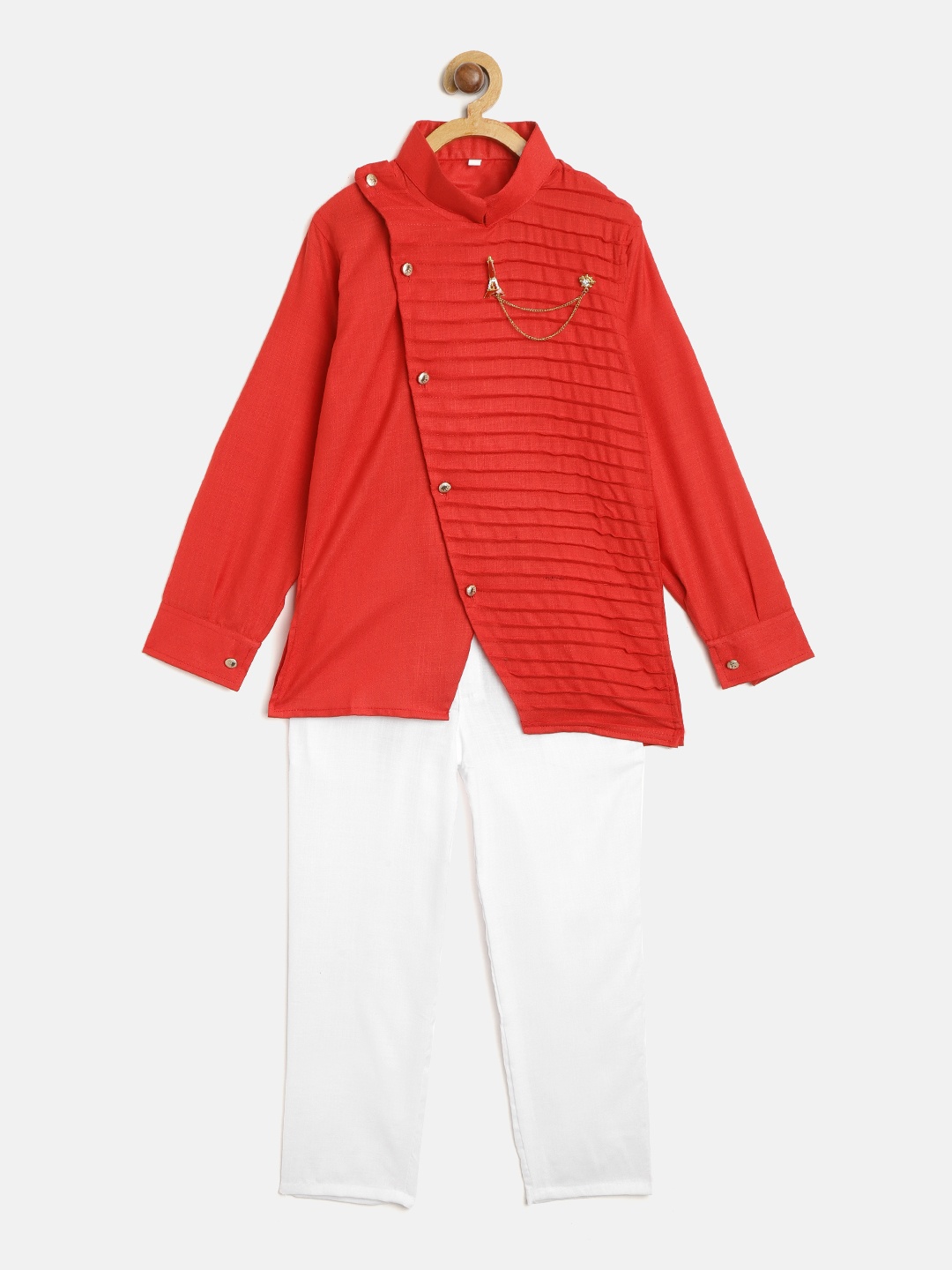 

ahhaaaa Boys Red & White Solid Kurta with Trousers