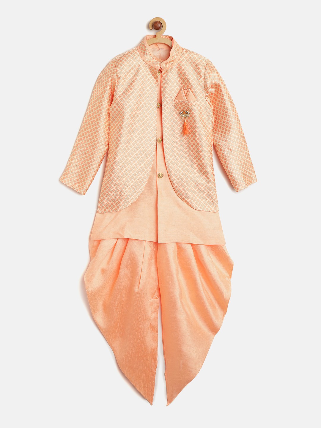 

ahhaaaa Boys Peach-Coloured & Cream-Coloured Solid Kurta Set With Jacket