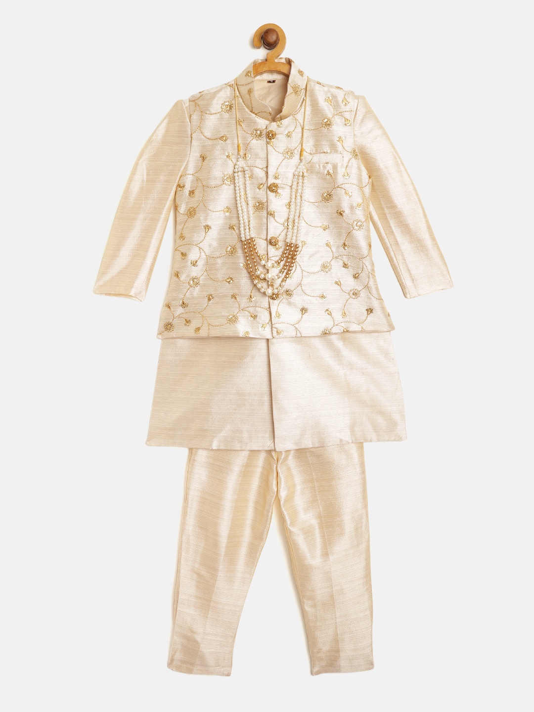 

ahhaaaa Boys Beige & Golden Solid Kurta with Trousers With Ethnic Jacket