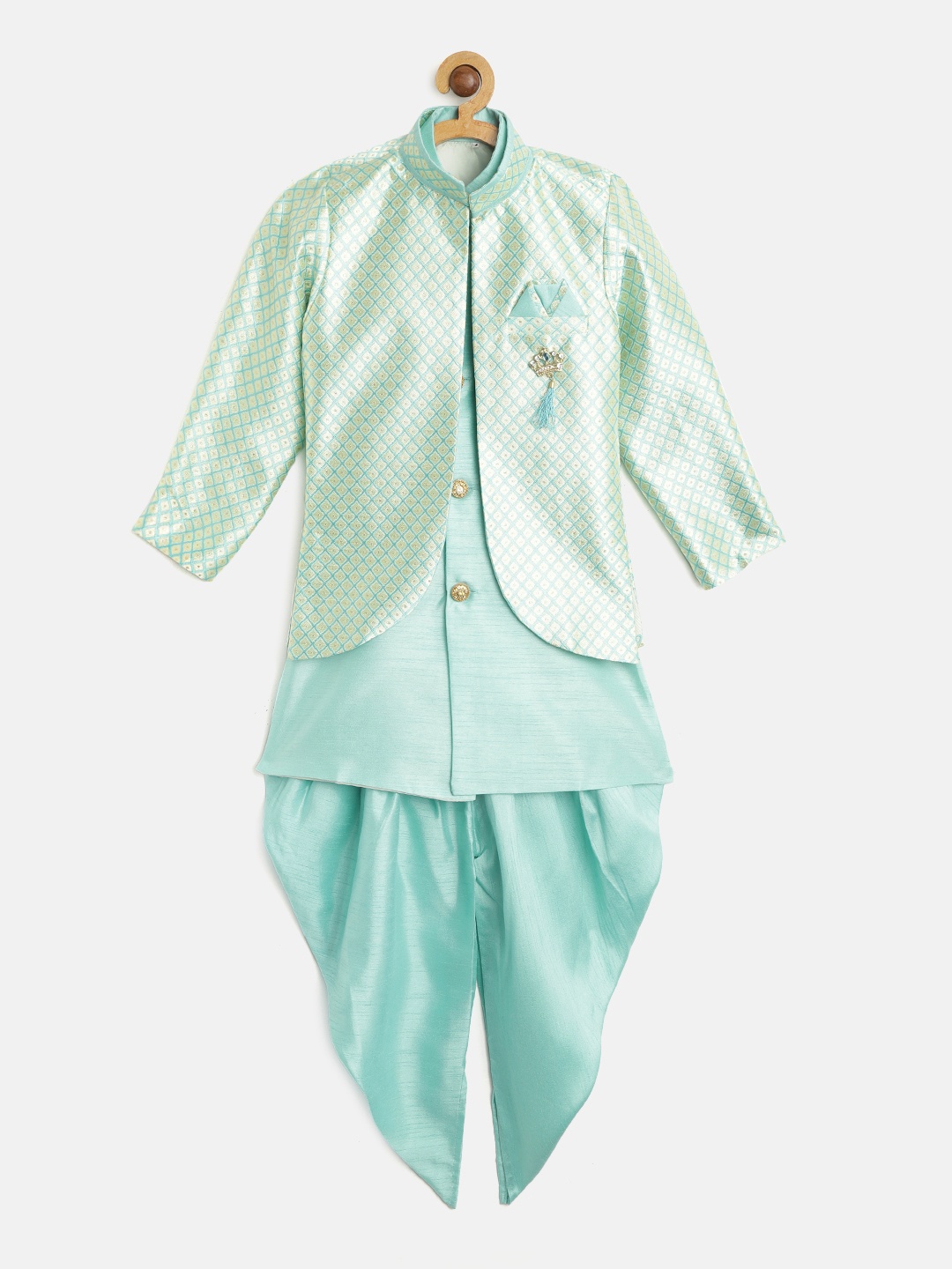 

ahhaaaa Boys Blue & Cream-Coloured Silk Solid Sherwani Set