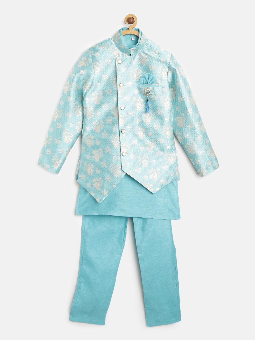 

ahhaaaa Boys Blue & Off-White Solid Kurta with Trousers With Ethnic Jacket
