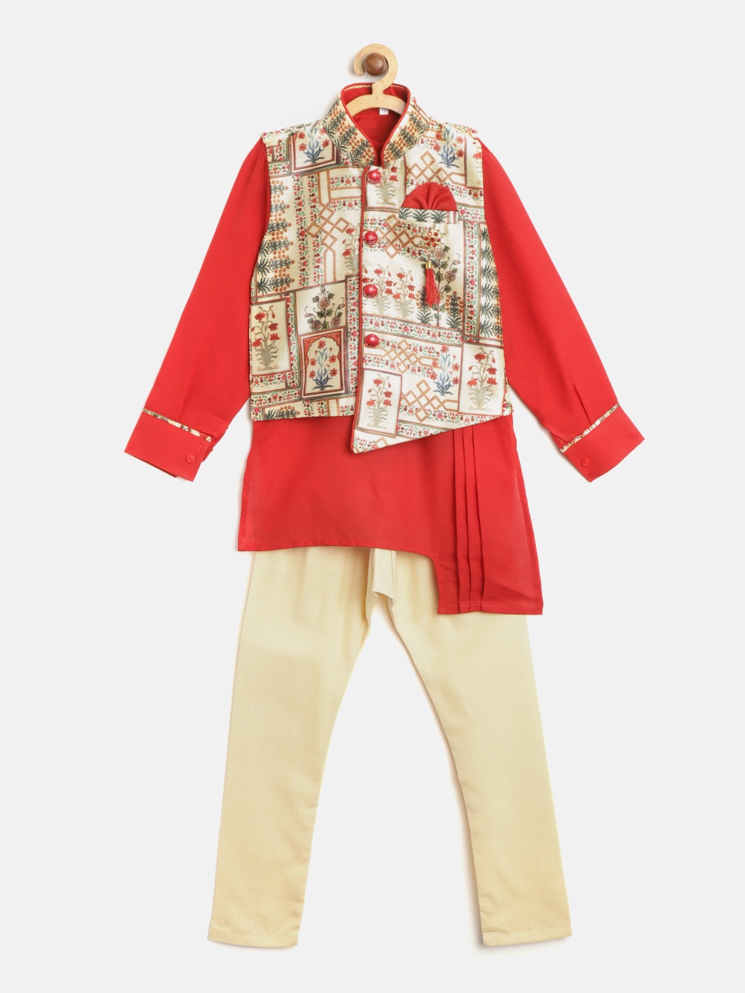 

ahhaaaa Boys Red & Beige Solid Kurta with Pyjamas And Waistcoat