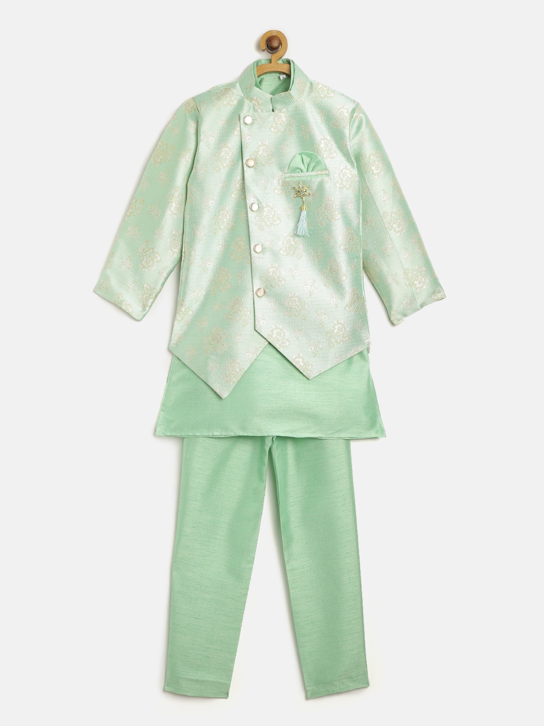 

ahhaaaa Boys Green & Off-White Solid Kurta Set with Nehru Jacket