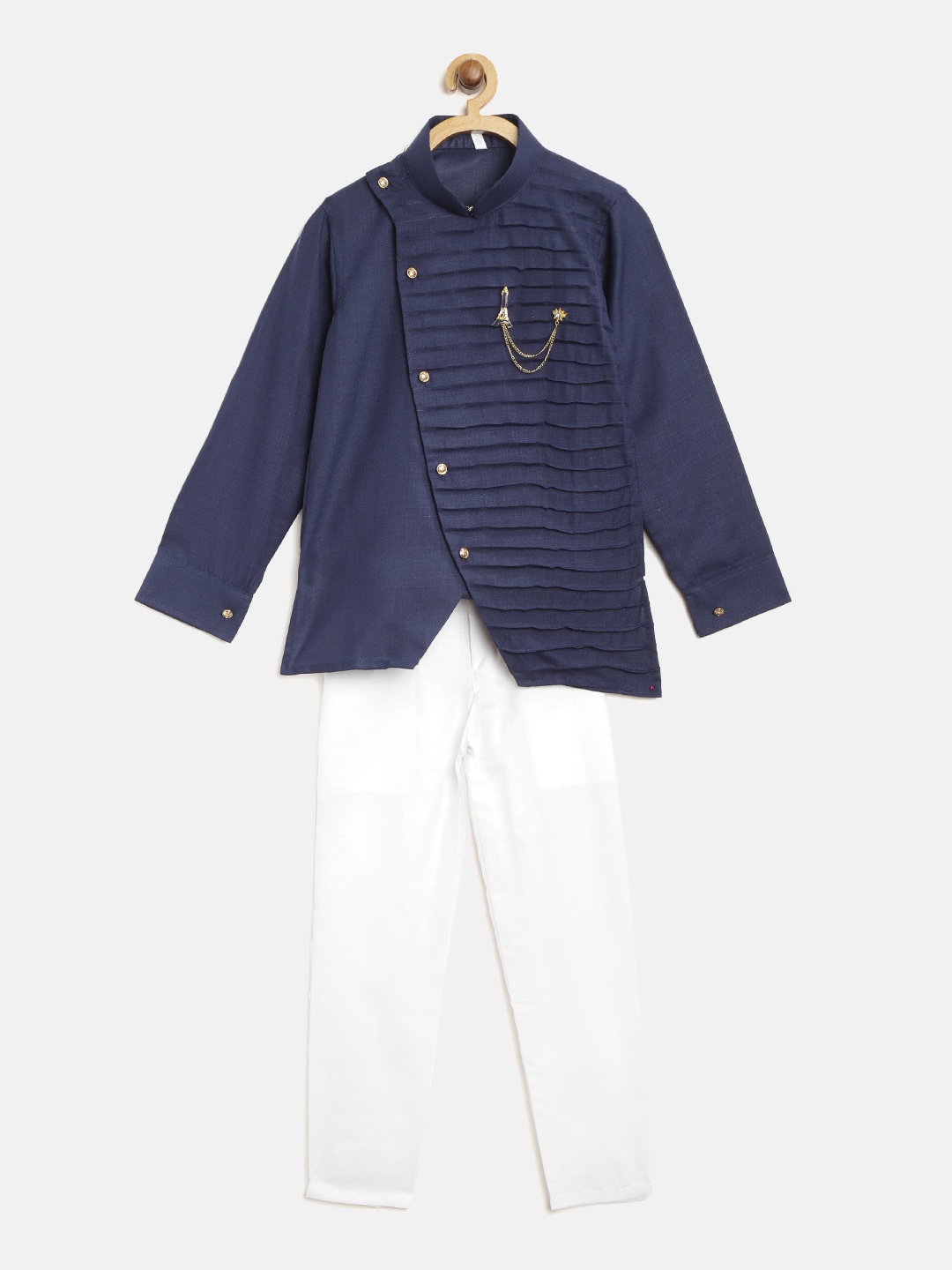 

ahhaaaa Boys Navy Blue & White Solid Angrakha Kurta with Trousers