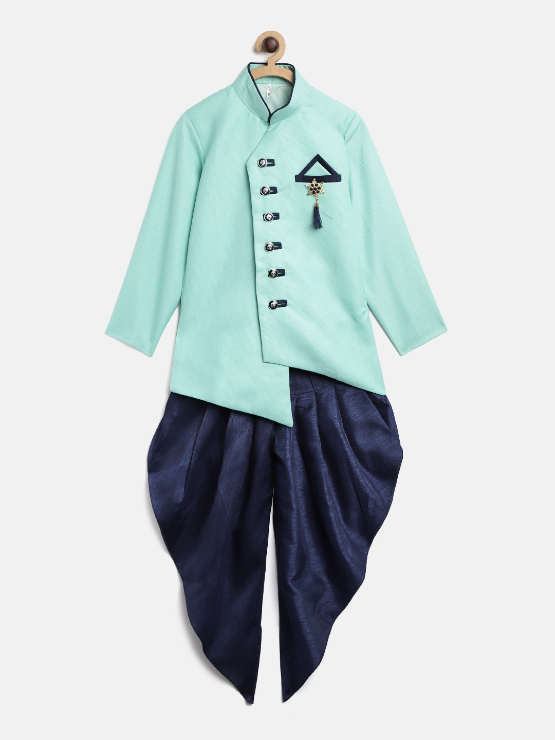 

ahhaaaa Boys Sea Green & Navy Blue Self Design Sherwani