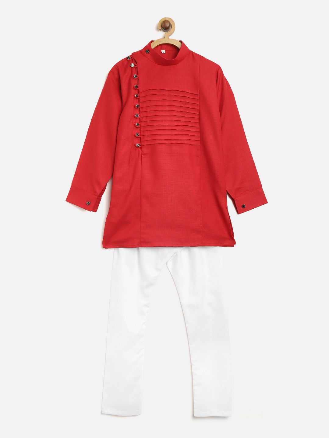 

ahhaaaa Boys Red & White Solid Angrakha Kurta with Pyjamas