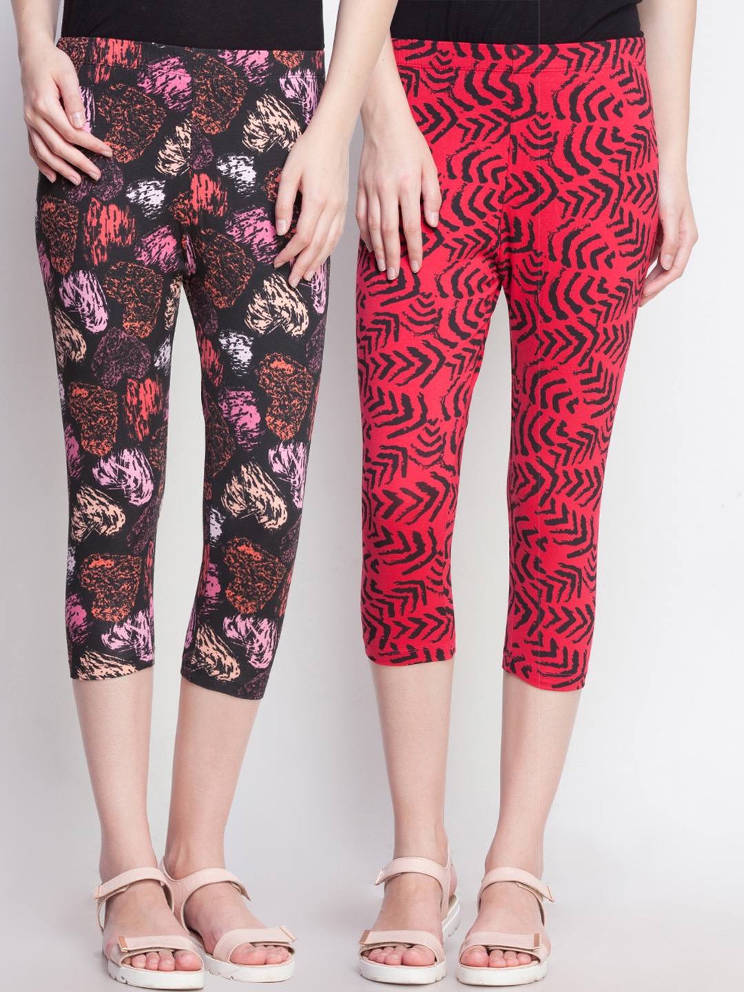 

Dollar Missy Women Pack Of 2 Printed Slim Fit Capris, Red
