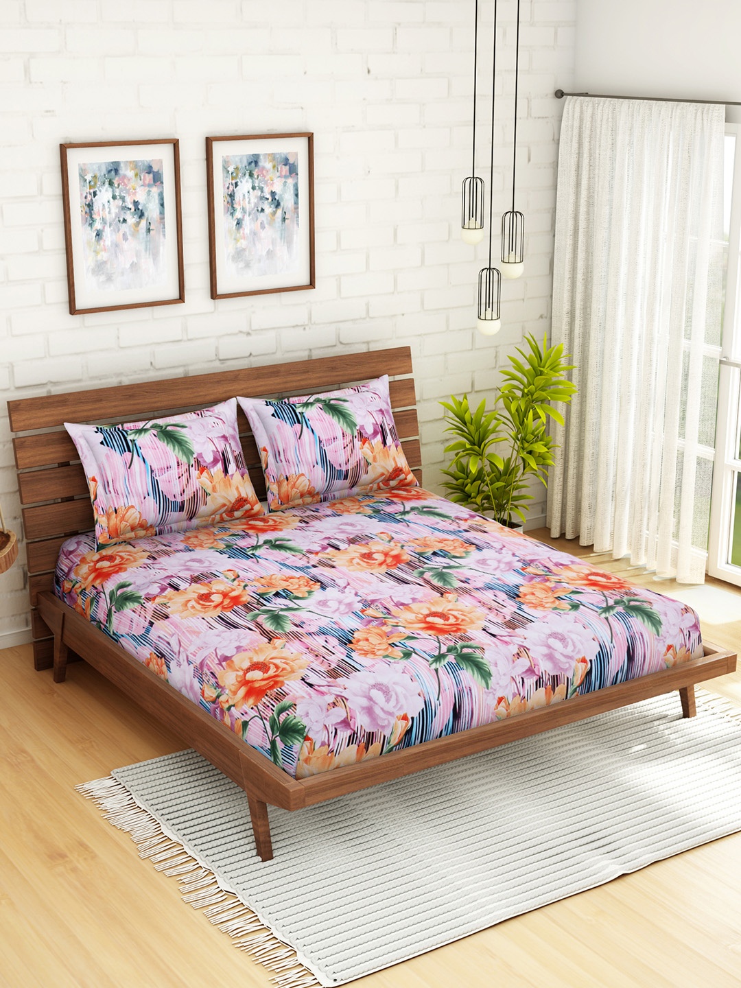 

WELHOME Pink & Orange Floral 200 TC 1 Microfibre Queen Bedsheet with 2 Pillow Covers