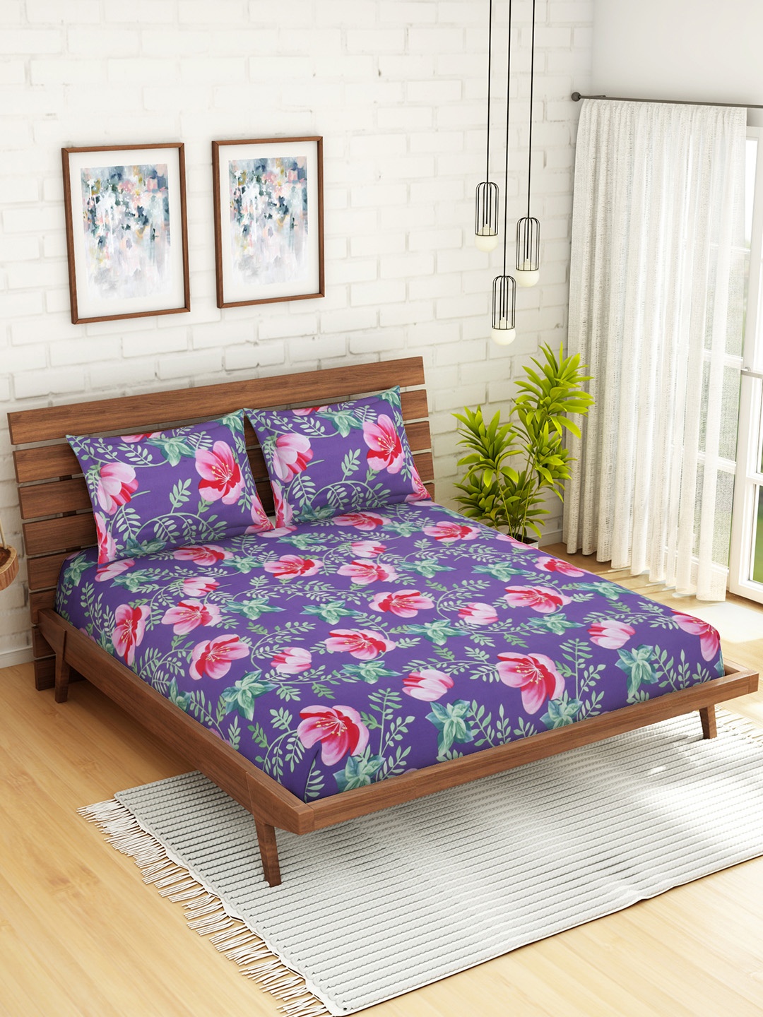 

WELHOME Purple & Pink Floral 200 TC 1 Microfibre Queen Bedsheet with 2 Pillow Covers