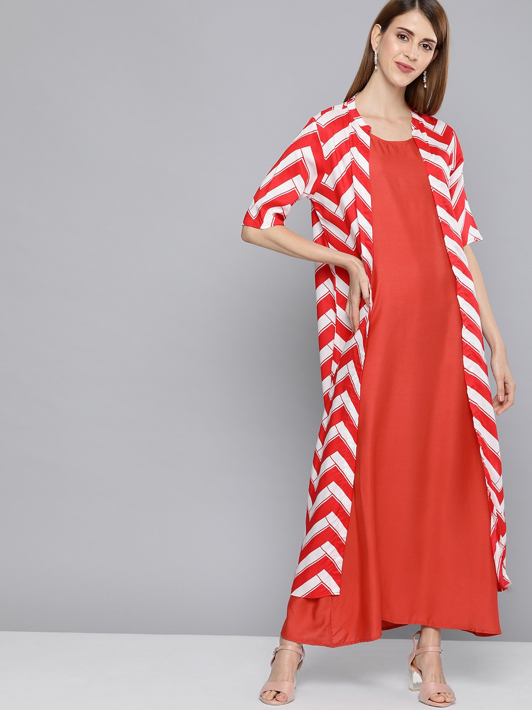 

HERE&NOW Women Red Solid Maxi Layered Dress With Jacket