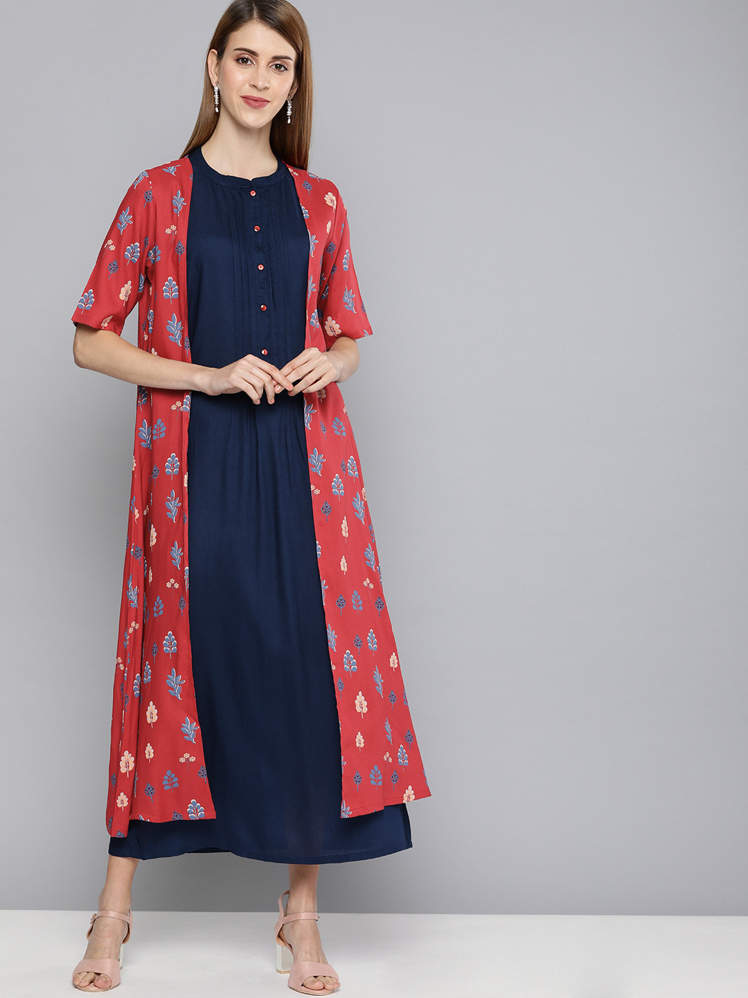 

HERE&NOW Women Navy Blue Solid Maxi Layered Dress With Jacket