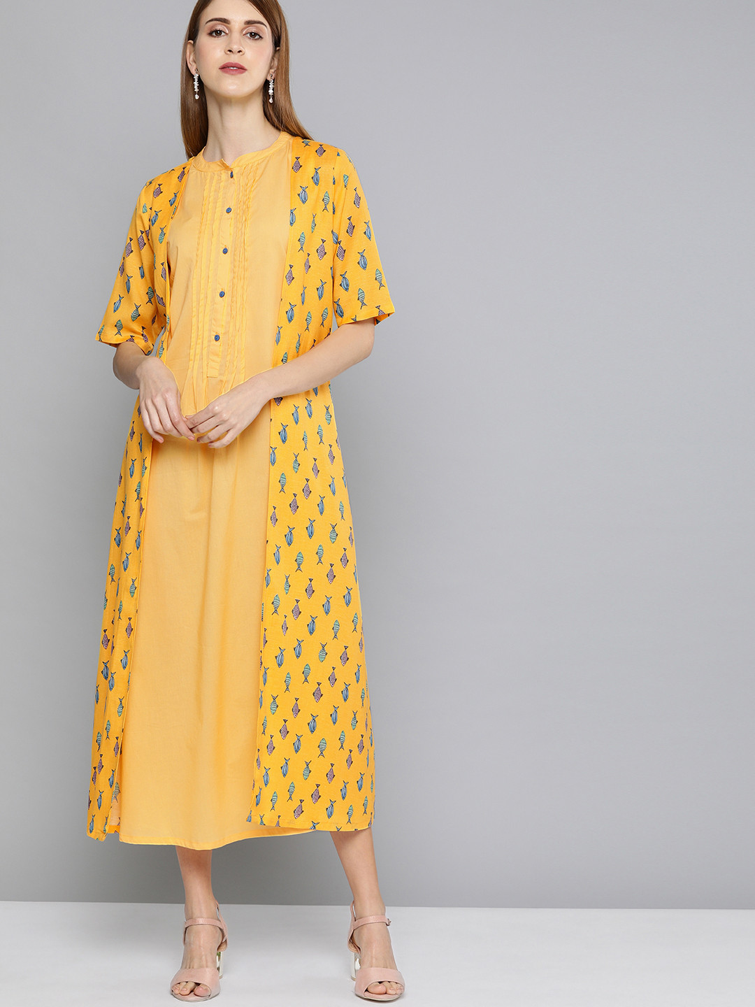 

HERE&NOW Women Yellow Solid With Fish Print Maxi Layered Dress