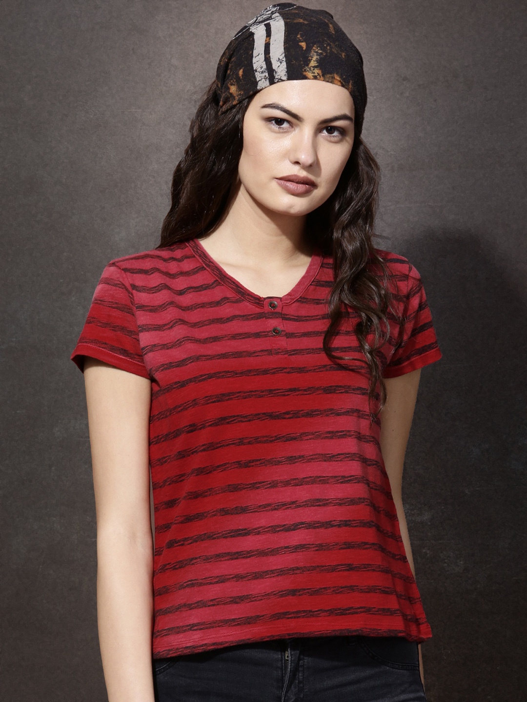 

Roadster Women Red Striped Henley Neck Pure Cotton T-shirt