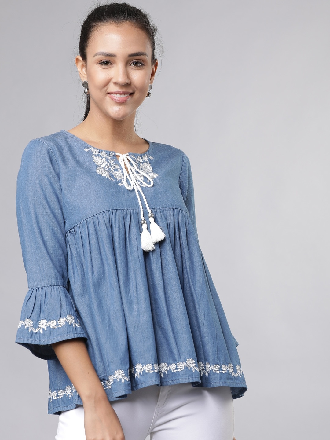 

Tokyo Talkies Women Blue Embroidered Denim A-Line Pure Cotton Top