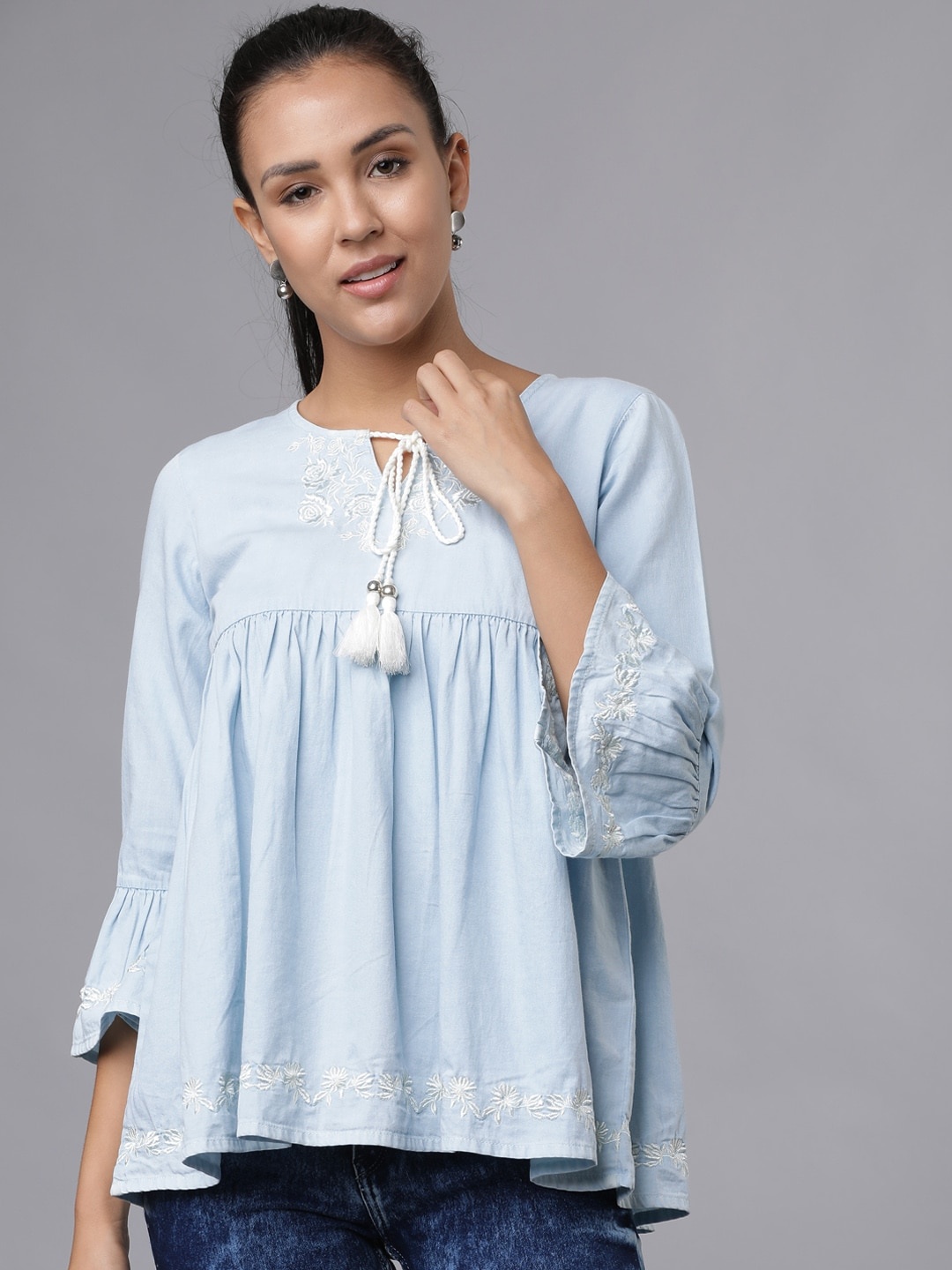 

Tokyo Talkies Women Blue Embroidered Denim A-Line Top