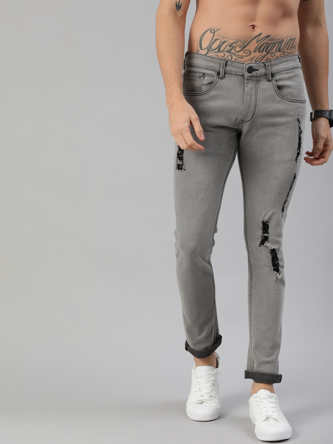 

HERE&NOW Men Grey Skinny Fit Mid-Rise Highly Distressed Stretchable Jeans