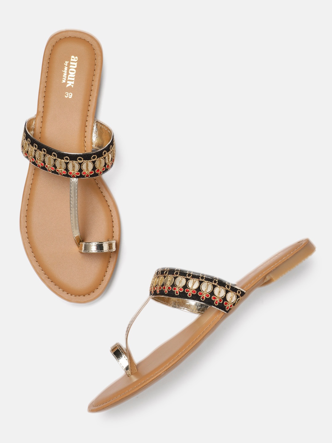 

Anouk Women Gold-Toned & Black Embellished One Toe Flats