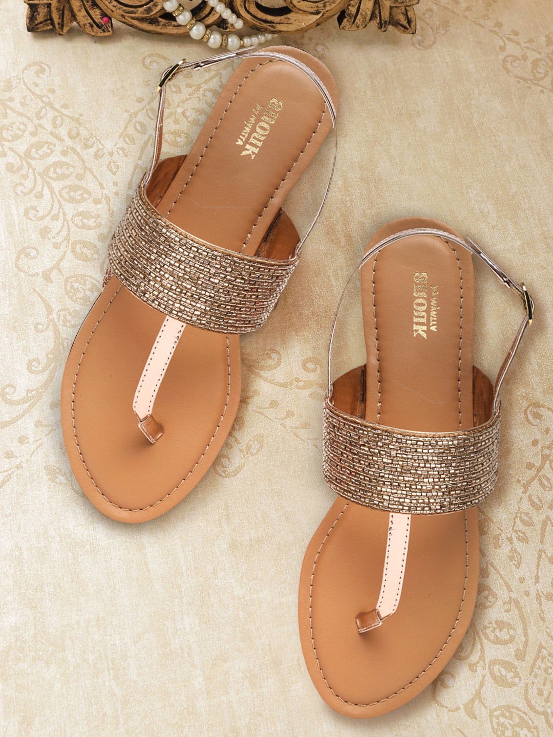 

Anouk Women Gold-Toned Embellished T-Strap Flats