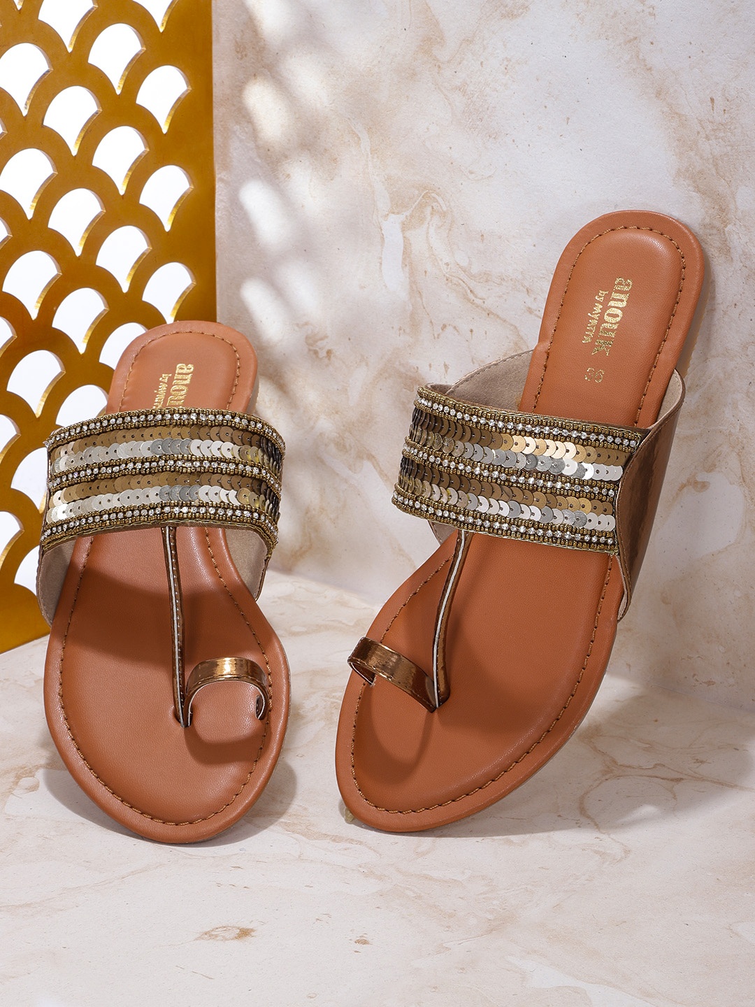 

Anouk Women Gold-Toned Embellished One Toe Flats