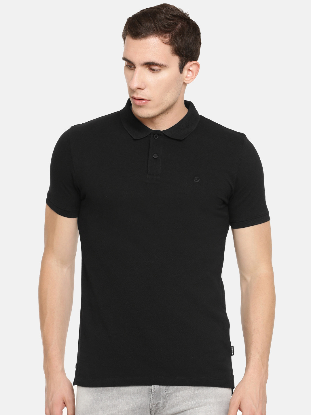 

Jack Jones Men Black Slim Fit Solid Polo Collar Pure Cotton T-shirt