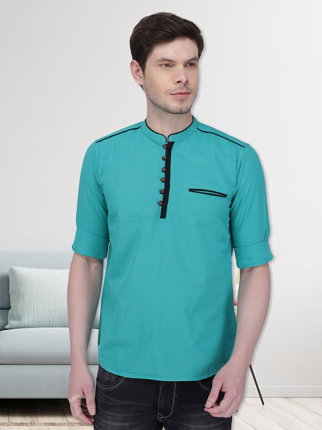 

Kuons Avenue Men Teal Green Solid Straight Kurta