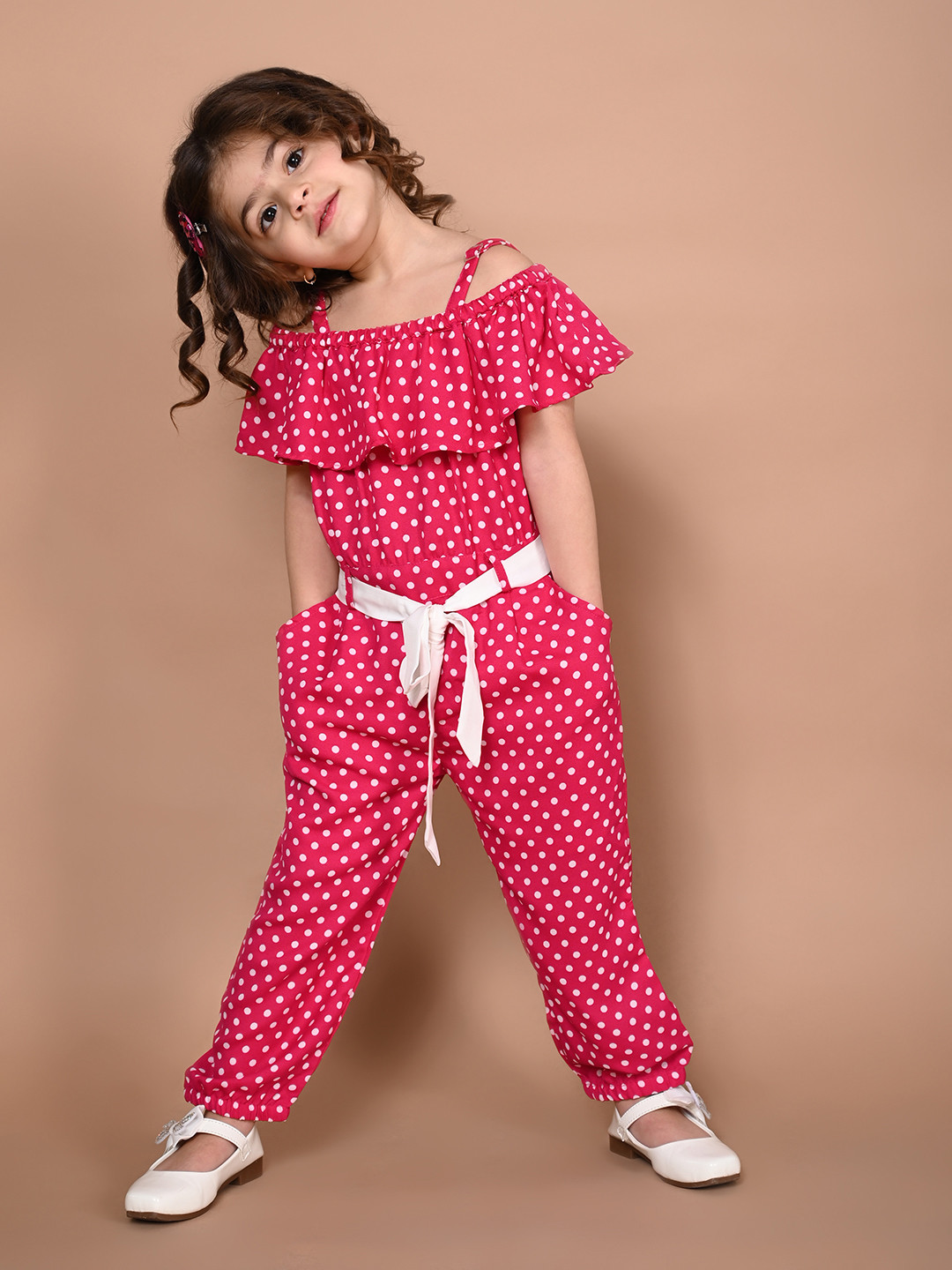 

LilPicks Girls Red & White Printed Basic Jumpsuit