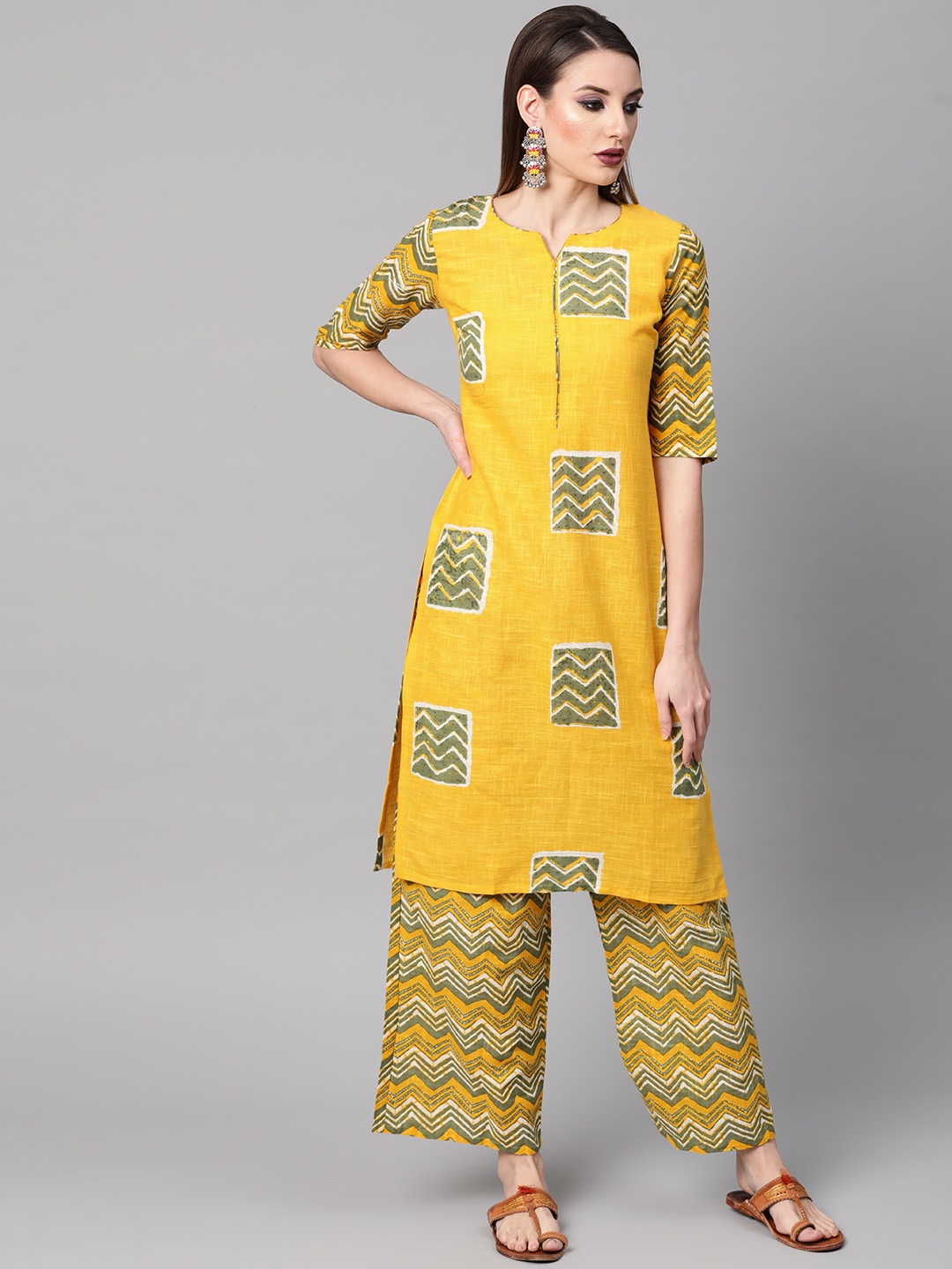 

Gerua By Libas Women Yellow Green Linen Printed Kurta with Palazzos