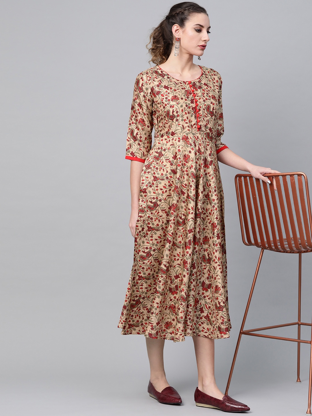

GERUA Women Beige & Maroon Printed A-Line Dress