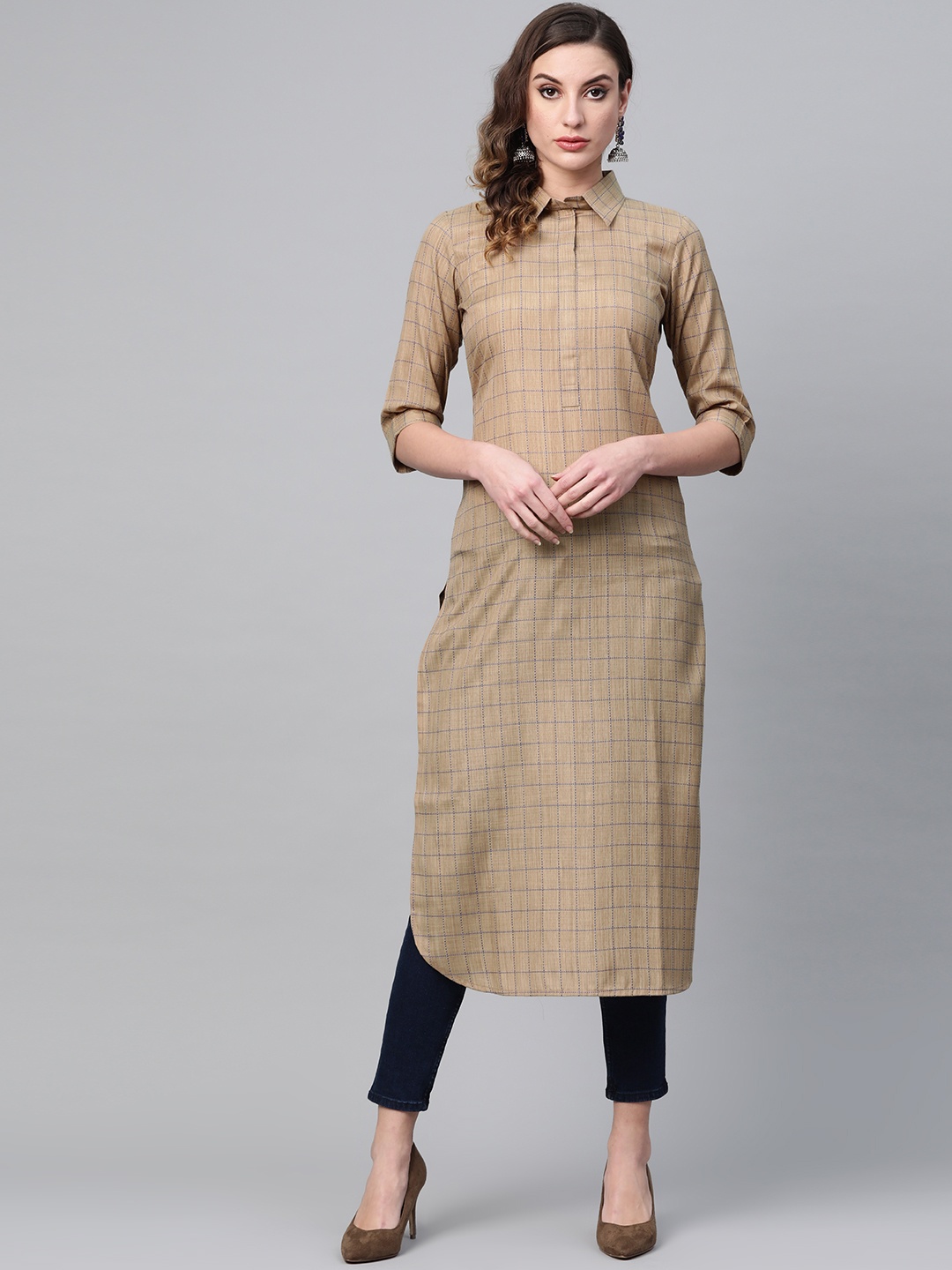 

GERUA Women Taupe & Blue Checked Pathani Kurta