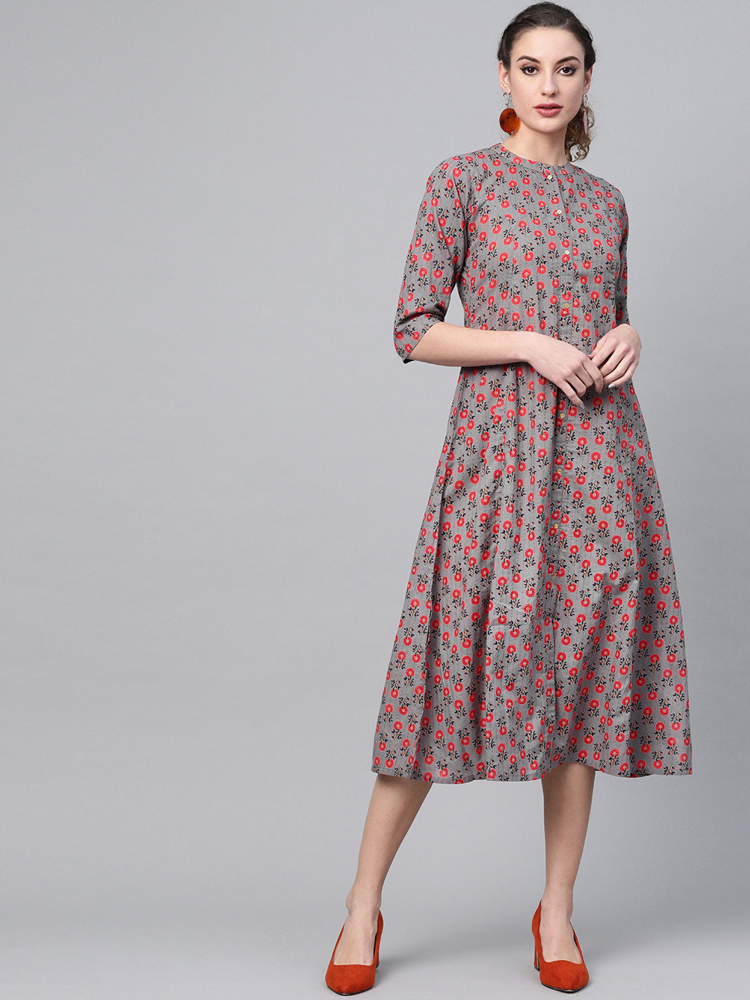 

GERUA Women Charcoal Grey & Red Printed A-Line Dress