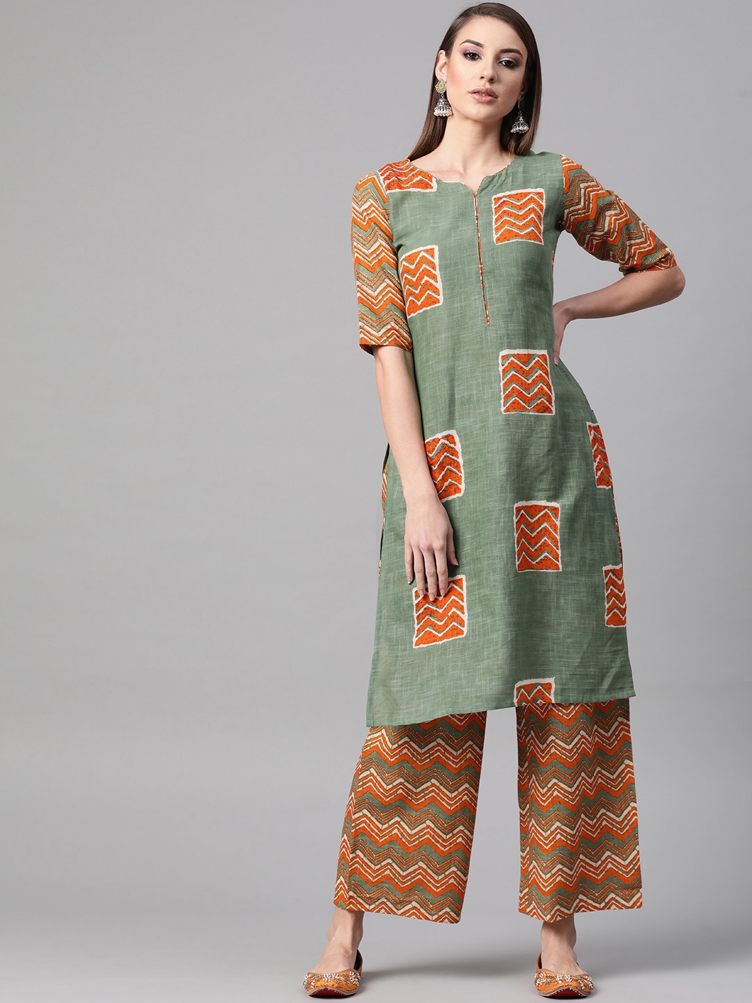 

GERUA Women Green & Orange Printed Linen Kurta with Palazzos