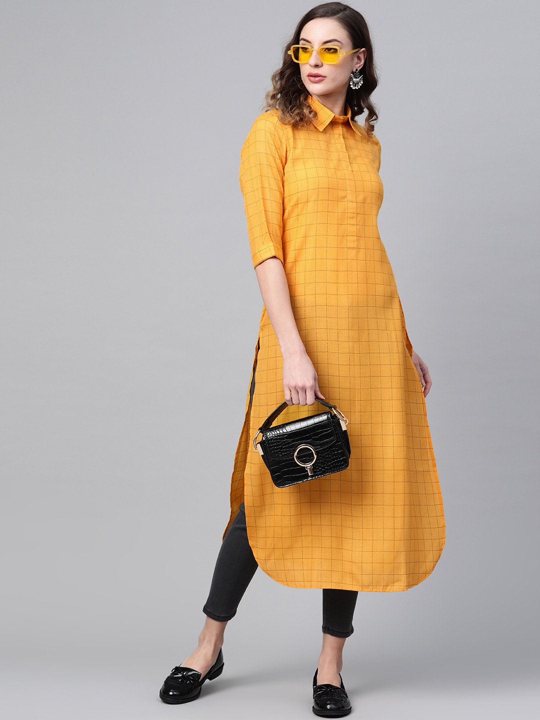 

Gerua By Libas Women Yellow Charcoal Grey Checked Pathani Kurta