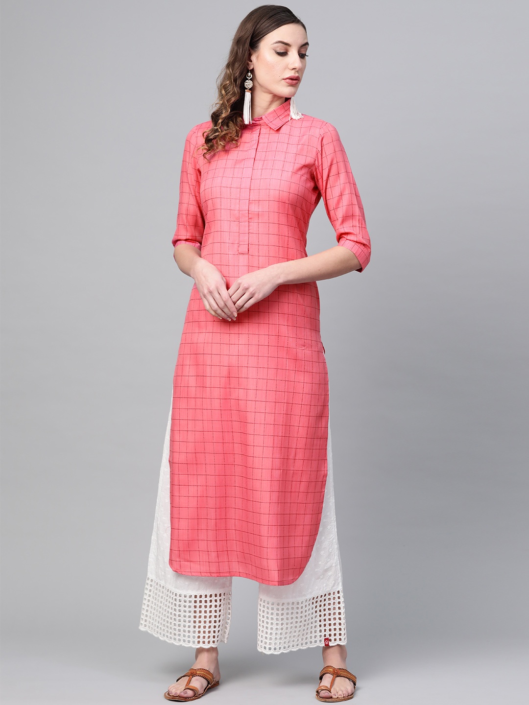 

GERUA Women Pink & Maroon Checked Pathani Kurta