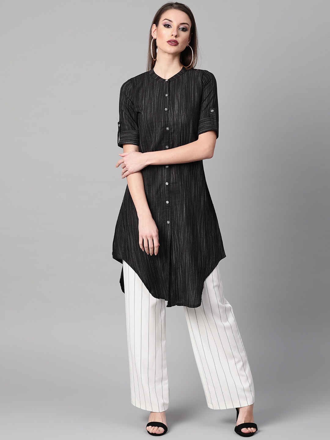 

Gerua By Libas Women Black White Self-Striped A-Line Kurta