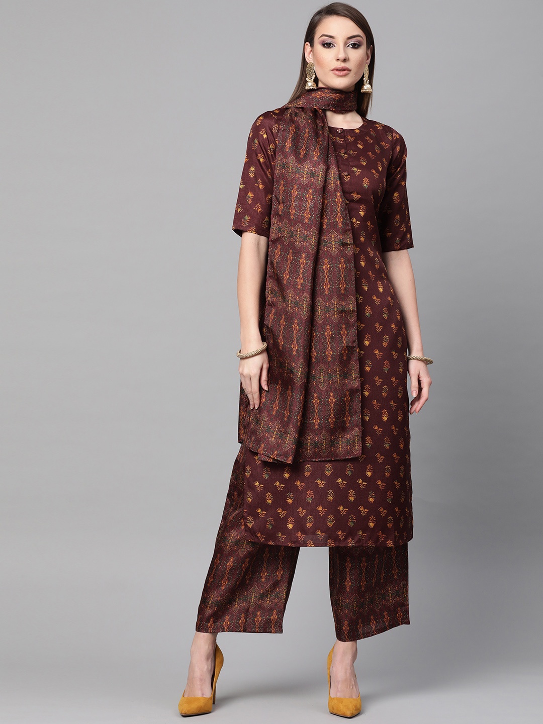 

Gerua By Libas Women Maroon Mustard Yellow Printed Kurta with Palazzos Stole