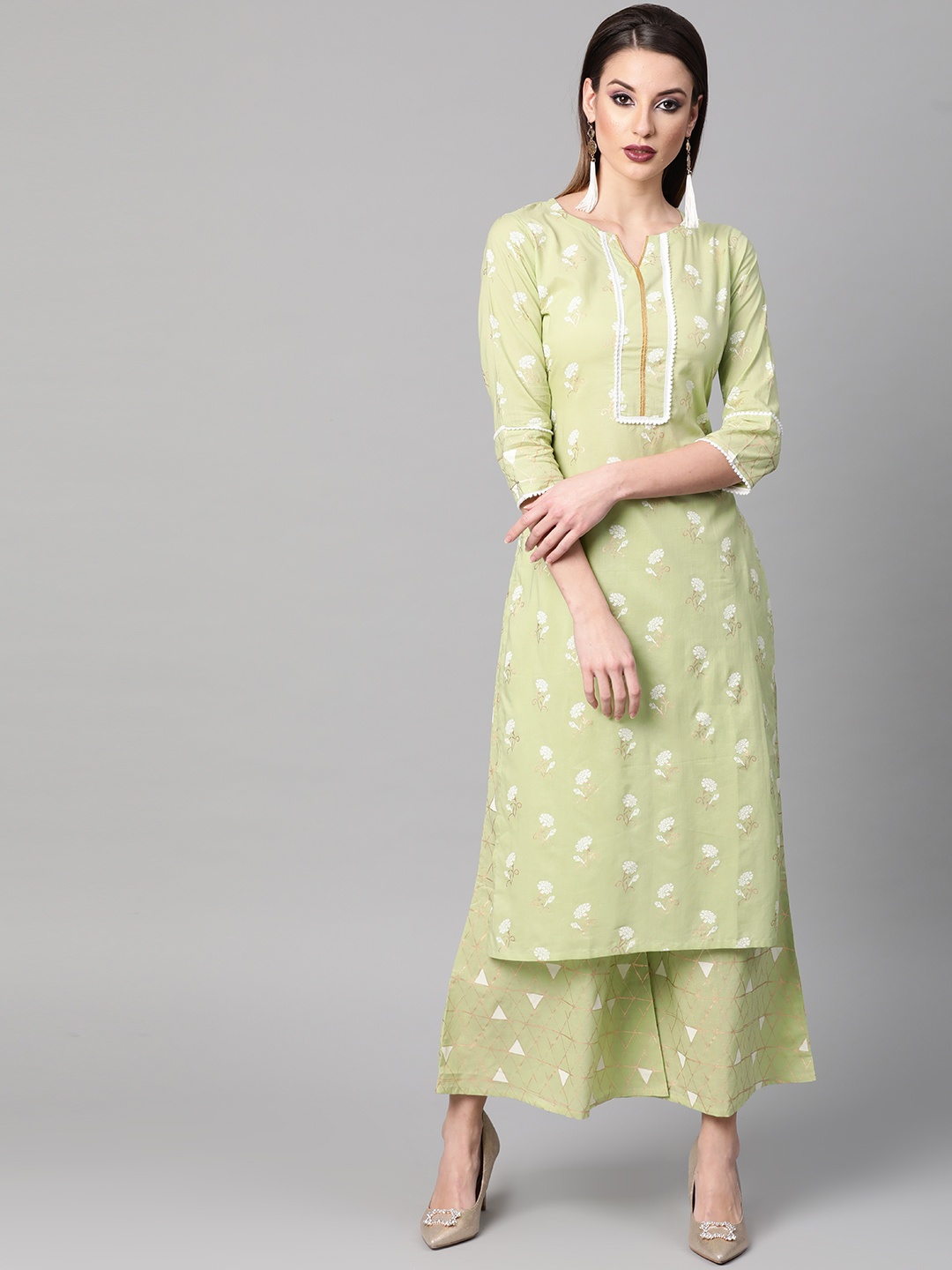 

Gerua By Libas Women Green White Block Print Kurta with Palazzos