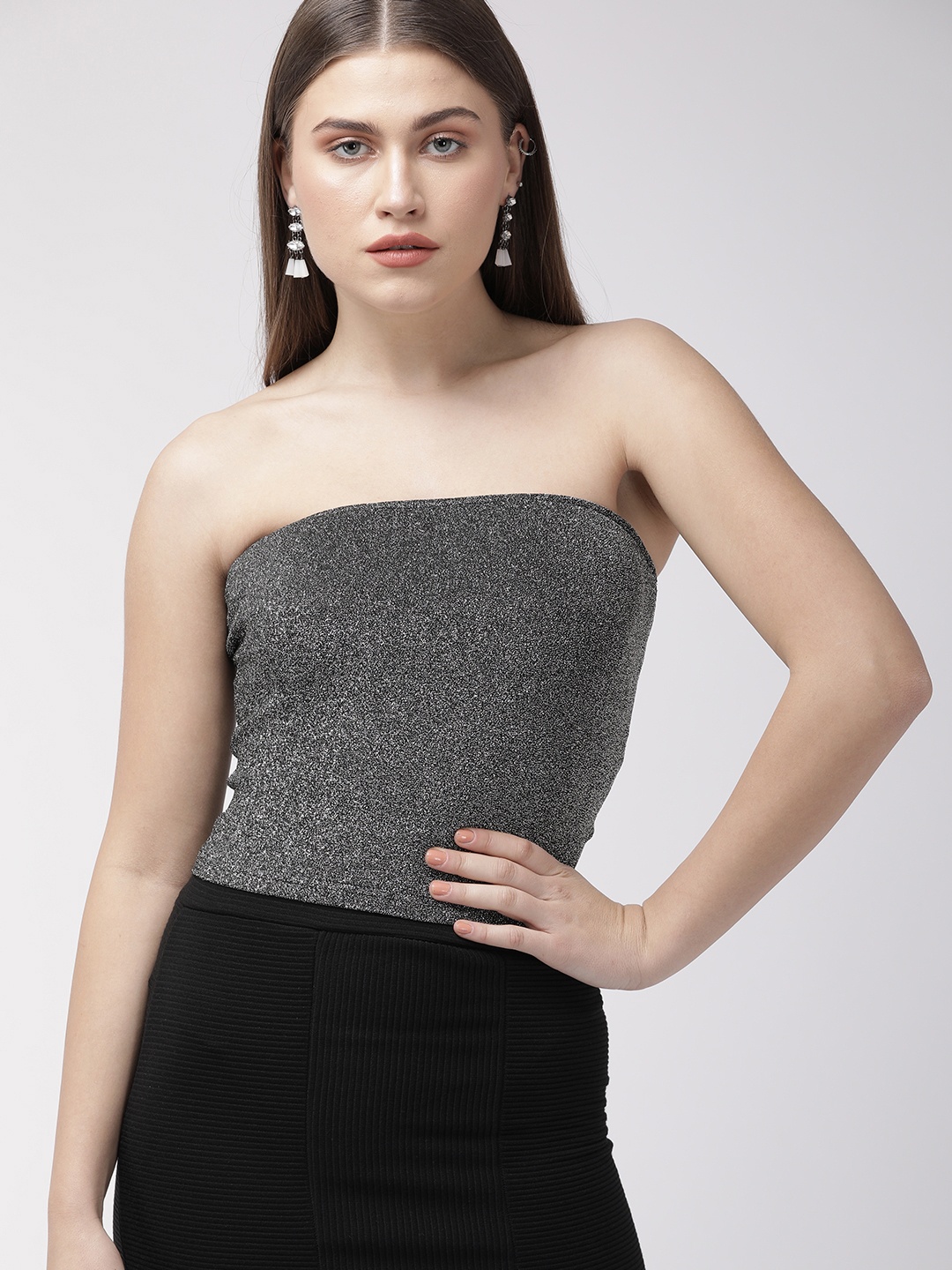 

FOREVER 21 Women Black & Silver Solid Tube Top with Shimmer Detailing